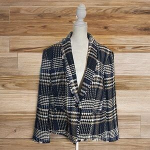 Ann Taylor Navy and Gold Tweed, One Button Blazer with Fringe Detail